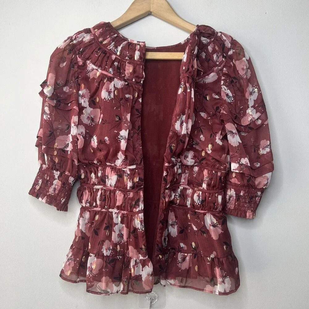 Walter Baker Zuma Blouse In Berry Hibiscus Floral Sz XS Women's flowere shirt - Picture 8 of 12